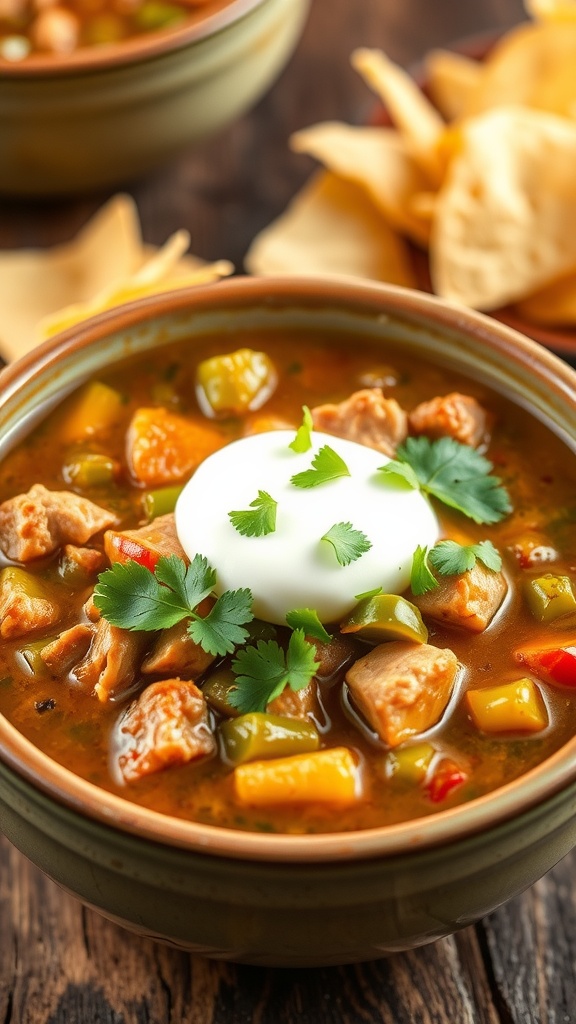 A bowl of spicy pork green chili garnished with cilantro and sour cream, with tortilla chips on the side.